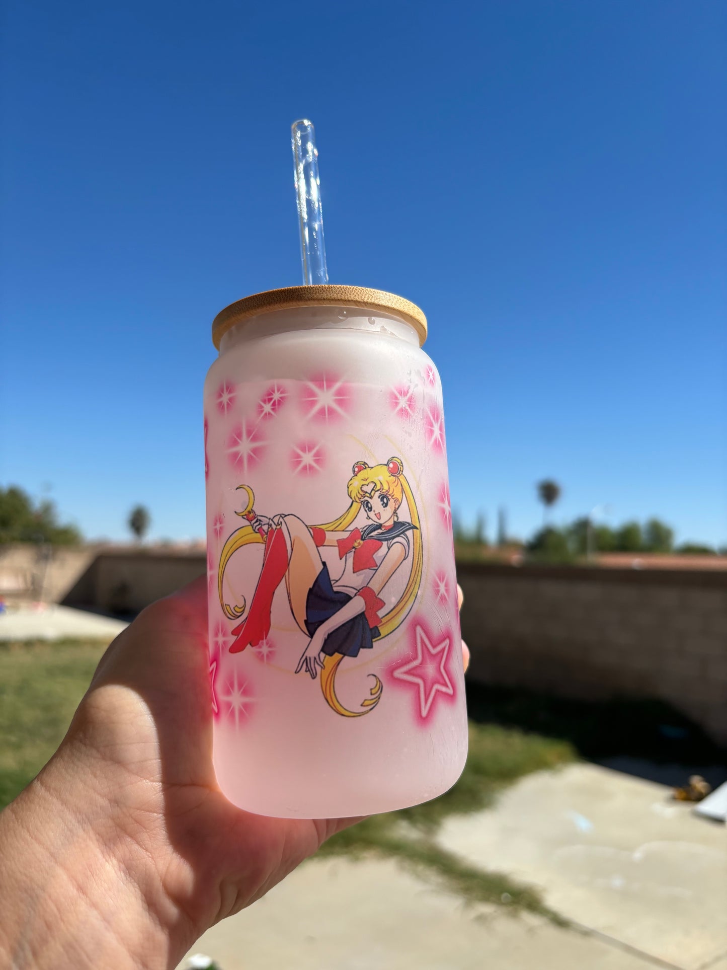 Custom glass cup with bamboo lid and reusable glass straw