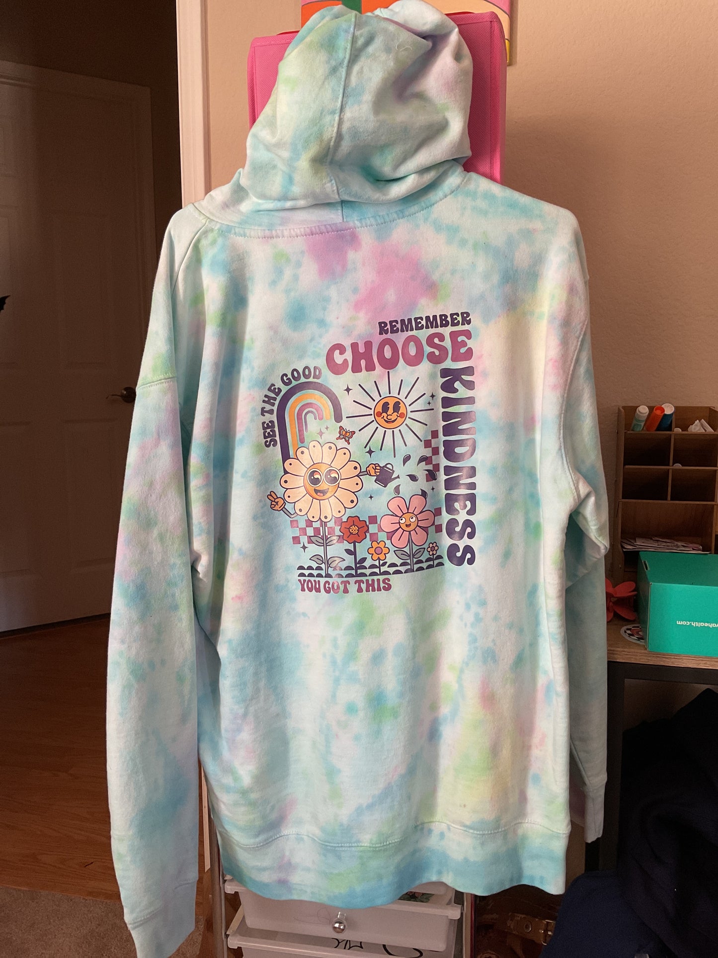 Choose Kindness tie dye hoodie image on front and back