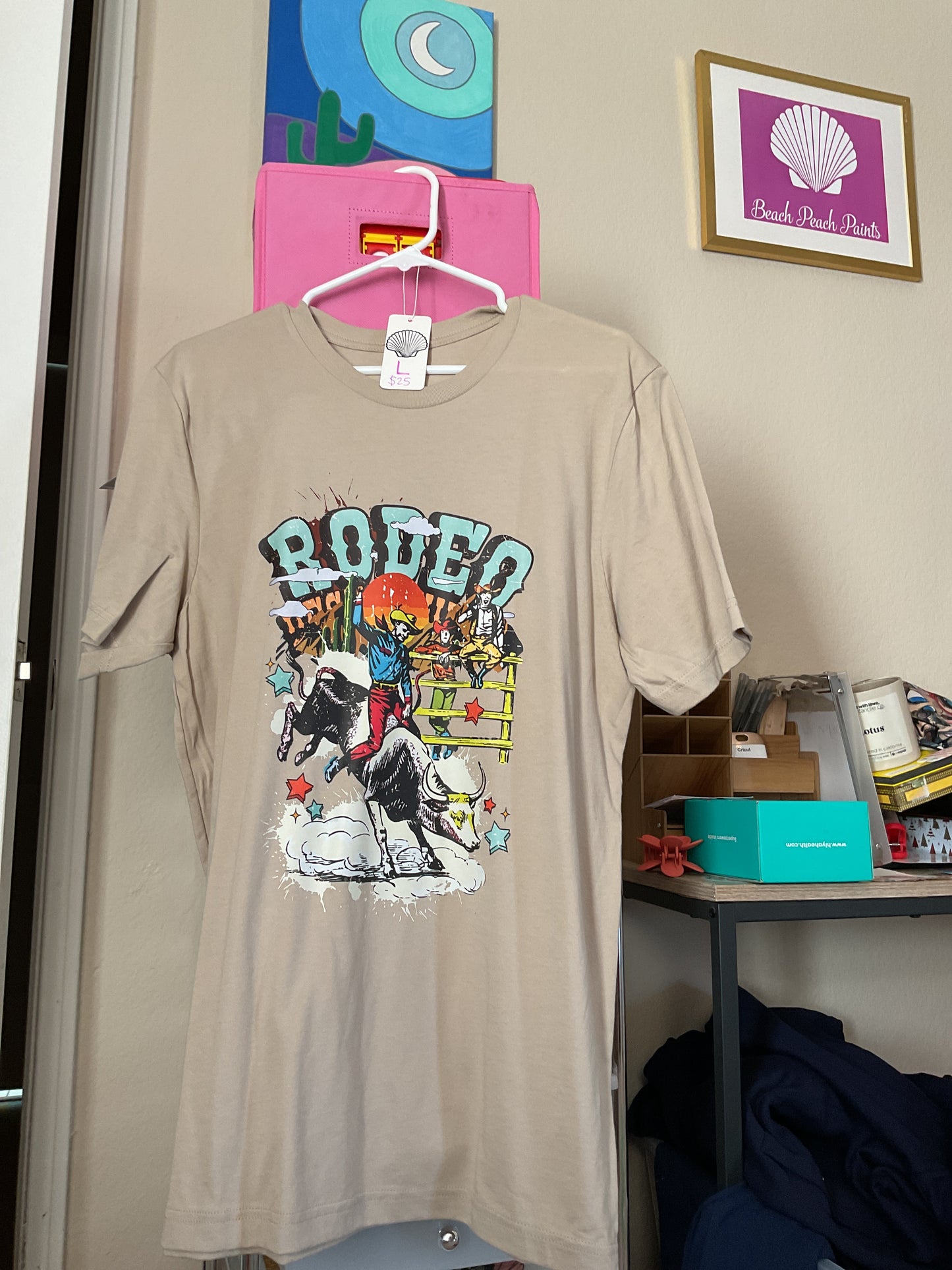 RODEO bull rider tan short sleeve t shirt size large