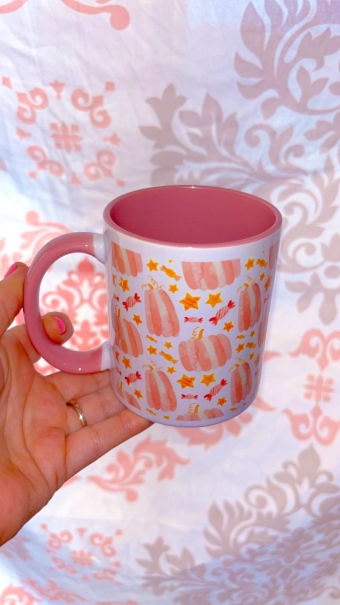 Pink pumpkins pink handle and inside mug