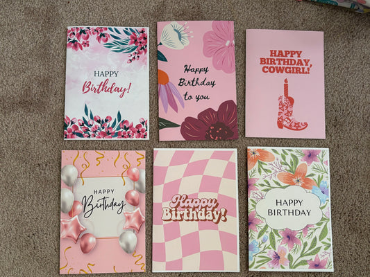 Set of 6 birthday cards girly pink