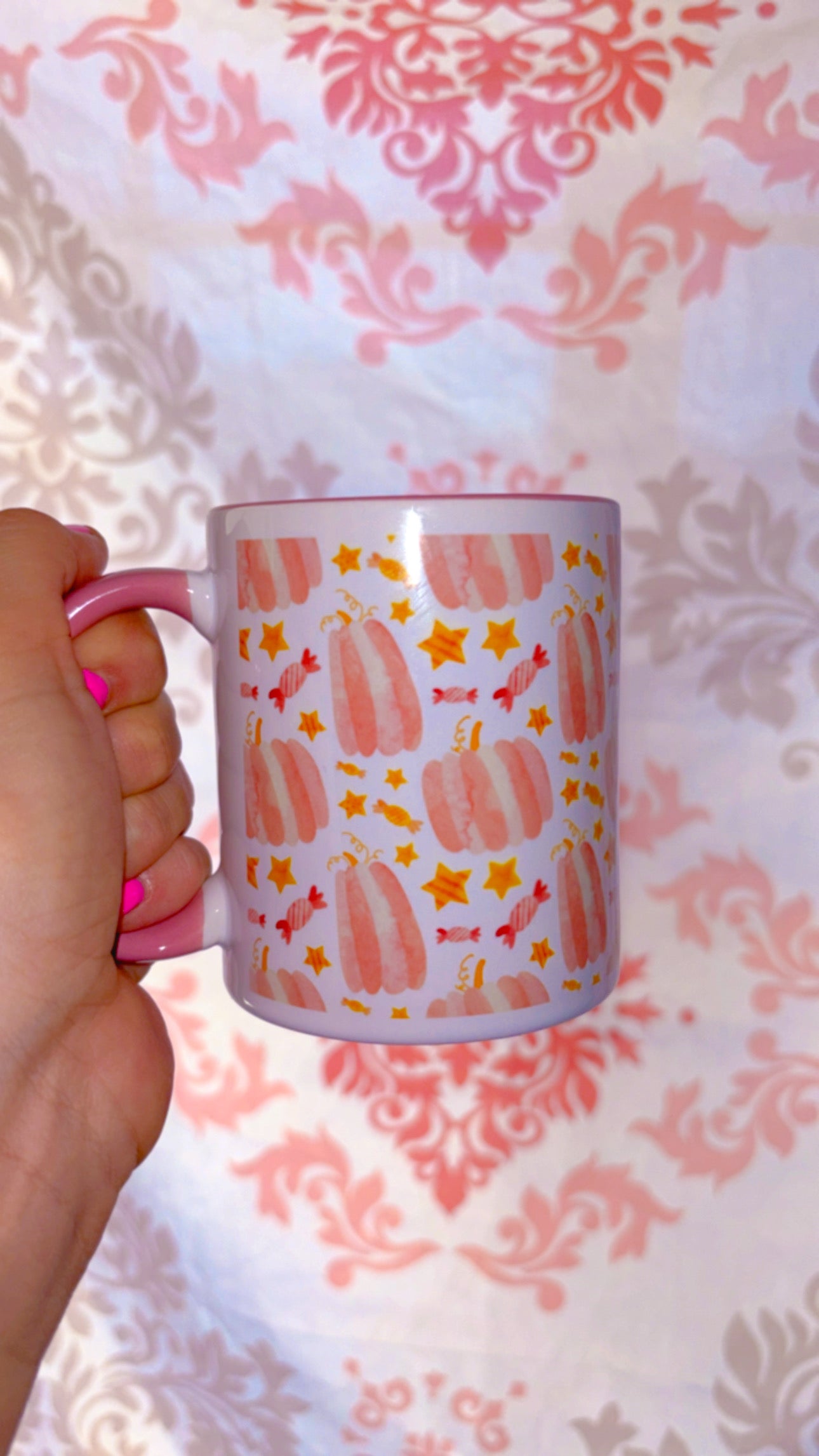 Pink pumpkins pink handle and inside mug