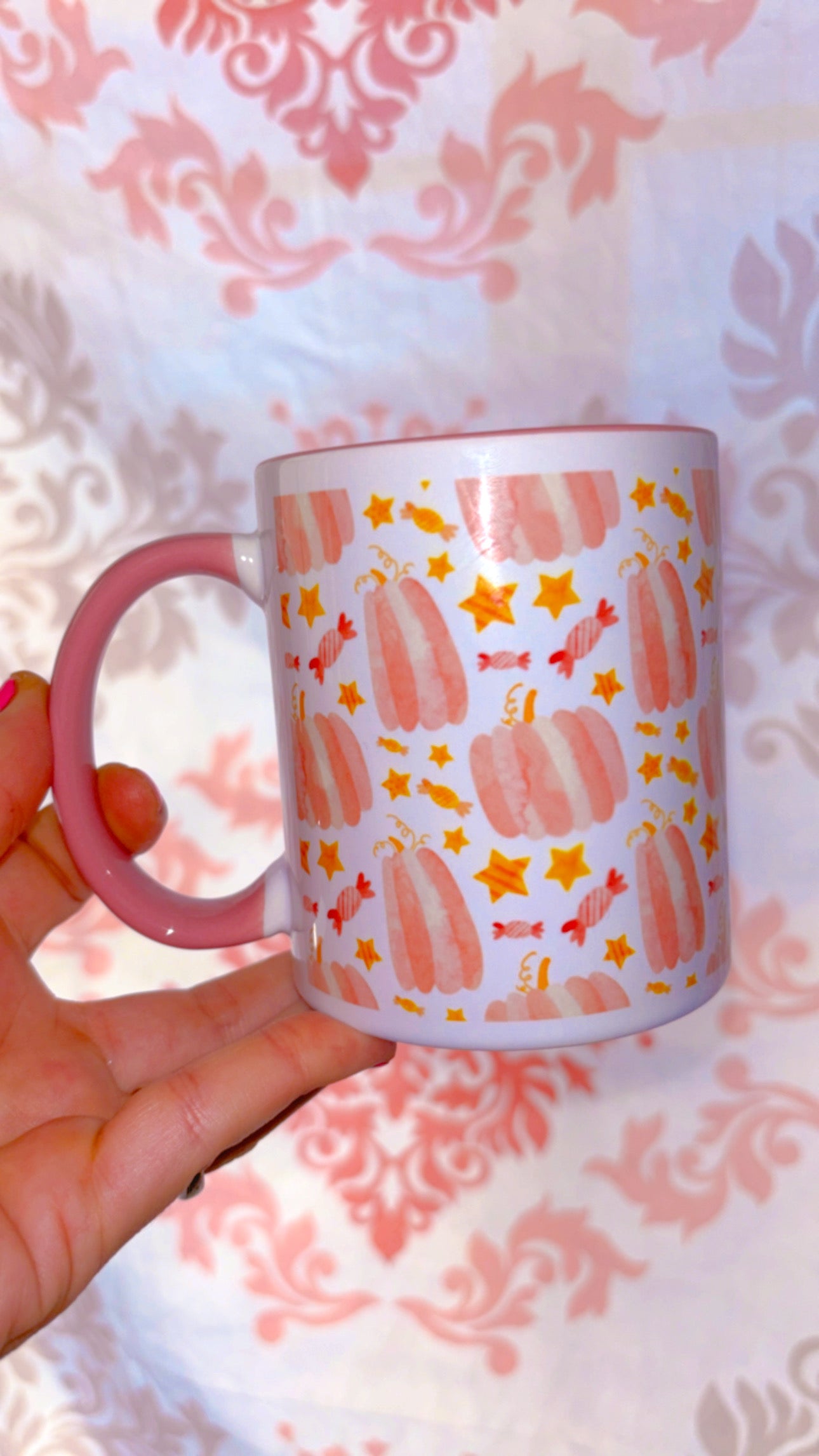 Pink pumpkins pink handle and inside mug